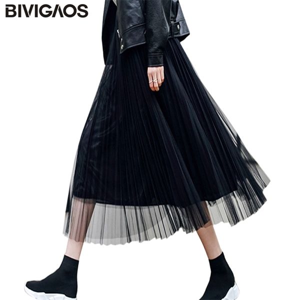 BIVIGAOS Donne di Estate Gonna di Tulle Gonna A Pieghe Nero A Vita Alta Gonne Midi Chiffon Sottile Maglia Filato Gonne Lunghe allentate Donne 210311