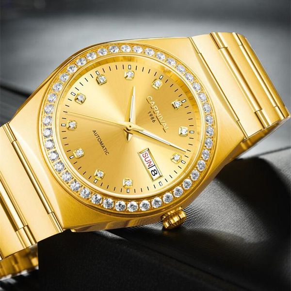 

wristwatches miyota automatic movement carnival mechanical watch relogio masculino fashion business wristwatch gold steel band calendar, Slivery;brown