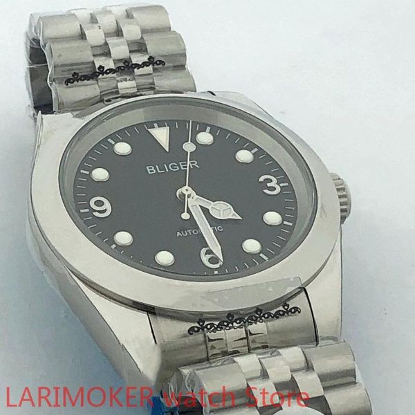 

wristwatches bliger 904l stainless steel strap bracelet sapphire glass bezel black dial automatic winding fashion waterproof 100m men's, Slivery;brown