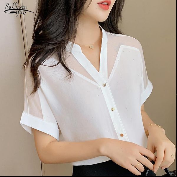 

2021 summer new style short sleeved women fashion solid color mesh v neck women shirts pullover chiffon women blouse 9632, White