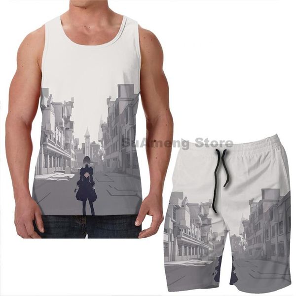 

men's tracksuits summer funny print men tank women nier automata copied city beach shorts sets fitness vest, Gray