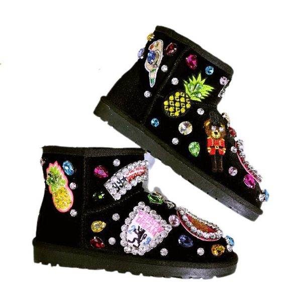 

boots bling gem rhinestones women snow 2021 black velvet warm fur winter shoes ladies plush fashion ankle botas mujer jf1116
