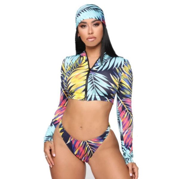 

women's swimwear womens swimsuit push up padded bra bikini set high waisted plant print long sleeve 2021 bathing suit 2pieces, White;black