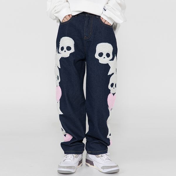 

embroidery ripped jeans mens pants style oversize casual denim trousers, Blue