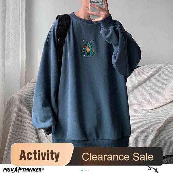 

privathinker men autumn dinosaur embroidery pullovers sweatshirts mens 3 colors o-neck hoodi male fashion korean sweatshirt, Black