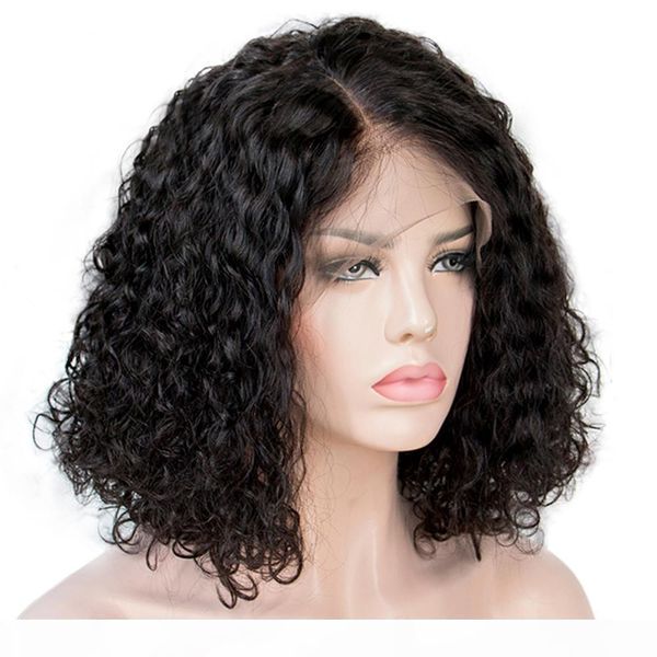 

curly bob lace front human hair wigs for women natural color remy brazilian 13x4 water wave lace wig part full end 130-150%, Black;brown