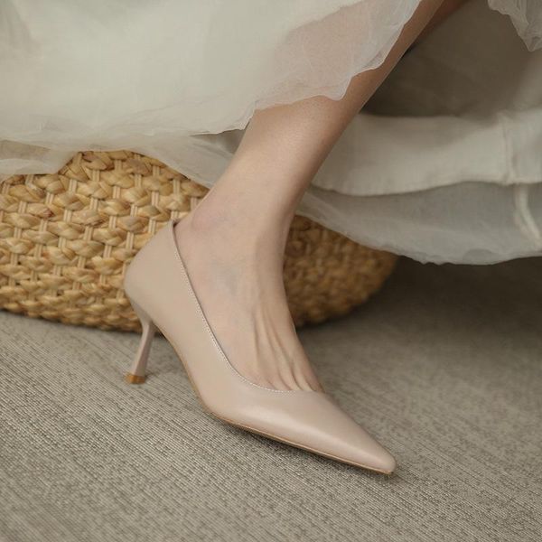 

dress shoes 2021 summer naked color pointed small high heeled women french thin heel temperament fragrance single, Black