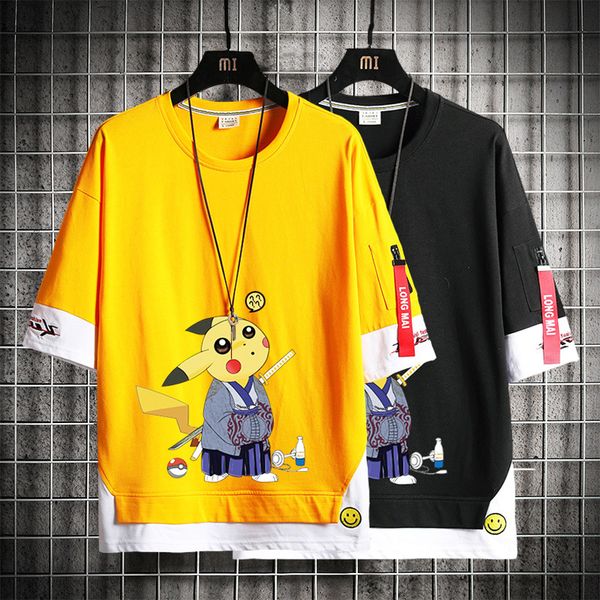 

luxury t-shirts fake two-piece t-shirt short sleeve men's loose youth trend middle school students handsome cloth 5.5-1.5 sleev, Black