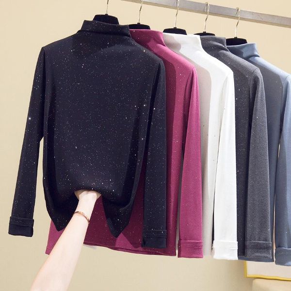 

women's t-shirt shiny lurex women slim shirt turtleneck elastic long sleeve female autumn and tees casual black warm t-shirts, White