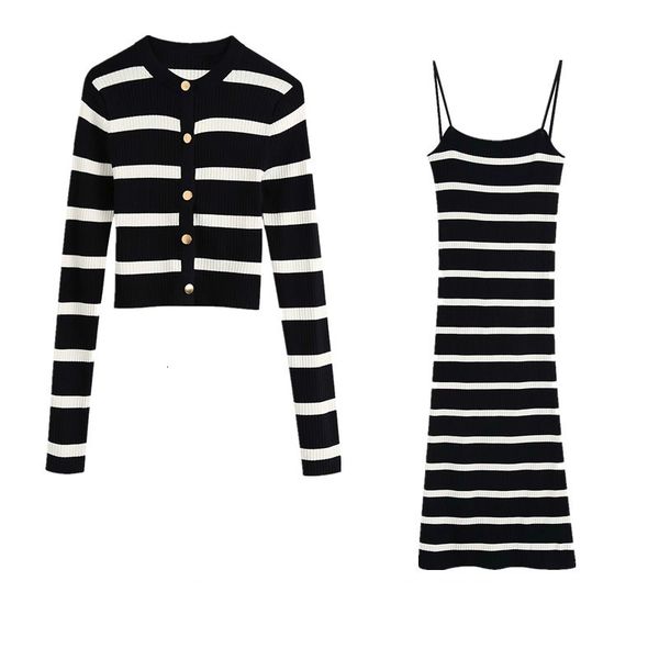 

women's retro-black white striped suit thin suspenders mid-length dressed in knitted or crocheted two-piece jacket f1o3