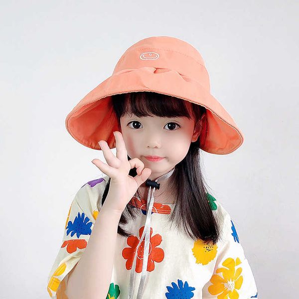 

girls' embroidered smile face hat with empty in summer, Yellow