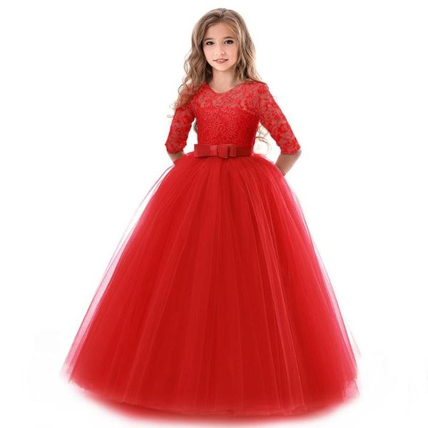 

girl's dresses explosion models children's dress long-sleeve lace in the big tutu bow waist european and american prince, Red;yellow