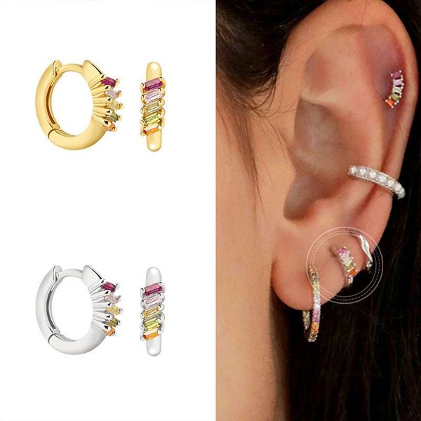 

hoop & huggie 925 sterling silver colorful five zircon classic earrings for women huggies luxury crystal piercing hoops fashion jewelry, Golden;silver
