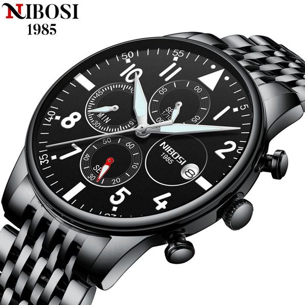 

wristwatches nibosi mens watch stainless steel waterproof chronograph fashion wristwatch quartz clock relogio masculino, Slivery;brown