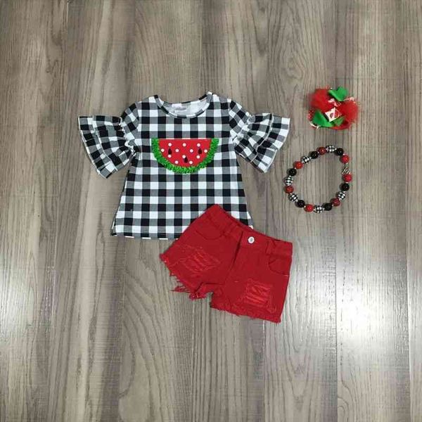

spring baby girls plaid watermelon embroidered shirt solid dress jeans short with bow and necklace, White