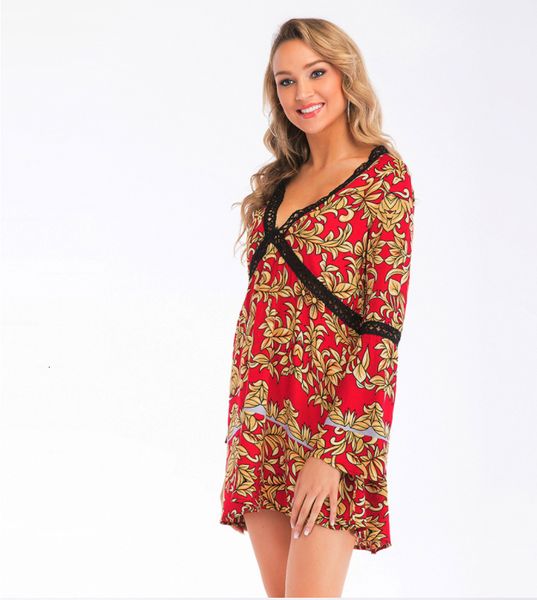

2021 summer es female new v-collar pagoda sleeve short beautiful print flower for girls sd5p, Black;gray