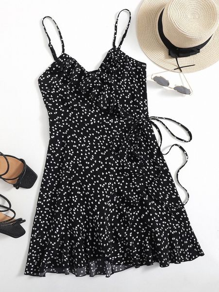 

allover heart print ruffle detail wrap belted slip dress d89k#, Black;gray