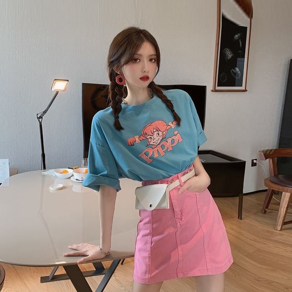 

2021 new summer lovely women t-shirt short sleeve female cute cartoon print tee long t shirt and high waist skirts 2 set ssjm, White