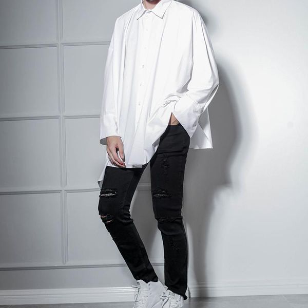 

men's jeans european and american high street style male teenagers more hole trousers knee destruction pants slim stretch feet, Blue