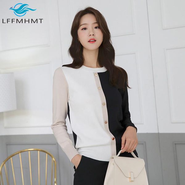 

women's t-shirt 2021 autumn winter slim fitting pullover for women wearing french colour contrast small fragrance long sleeves knitting, White