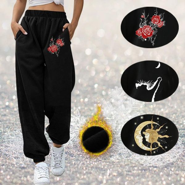 

women's leggings thicken warm sweatpants autumn winter solid color prints high waist pants workout home elastic trousers, Black