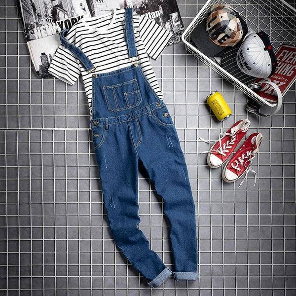 

men's jeans 2021 trendy bib overall jumpsuits suspenders pants korean ripped distressed denim trousers fashion streetwear, Blue