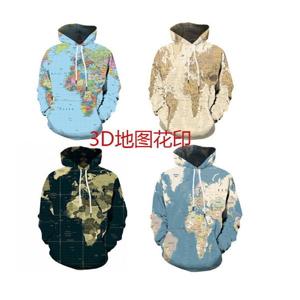 

fashion personality cool 3d map printing long sleeve sweater hoodie, Black