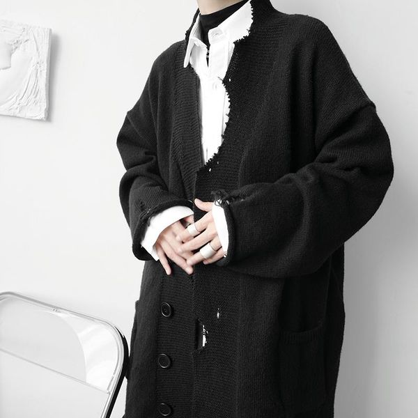 

men's sweaters selling retro destruction design fashion solid color long cardigan knitted sweater coat loose large size, White;black