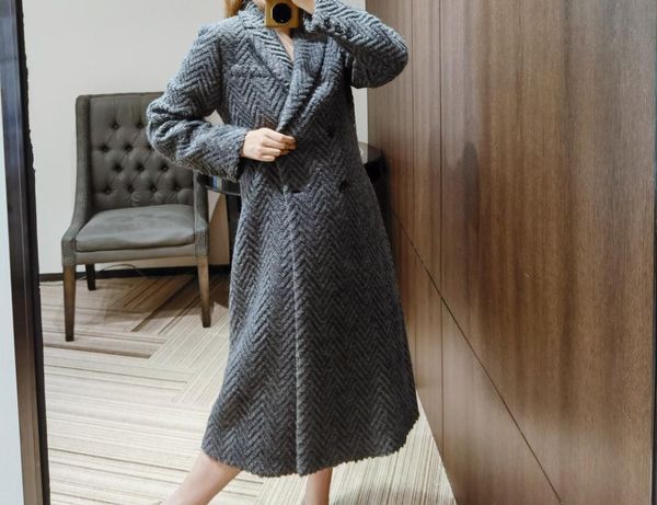 

women's wool & blends 2021 autumn winter clothes turn down collar double breasted long coat elegant woolen straight women overco, Black
