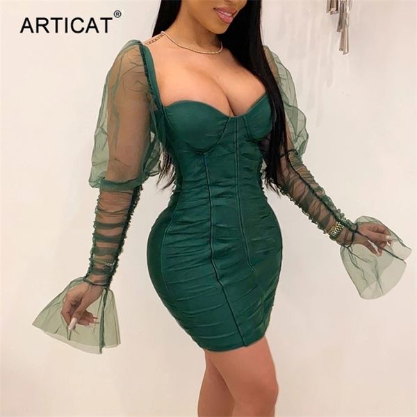 

articat mesh puff sleeve party dress women low collar backless patchwork red mini dress nightclub 2021 spring vestidos, Black;gray