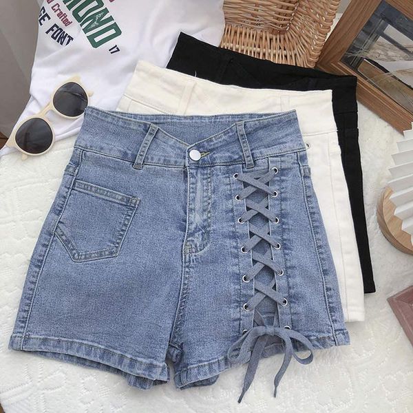 

women's shorts lace up high waist washed denim wide leg women's 2021 white black pants jeans casual biker c7675