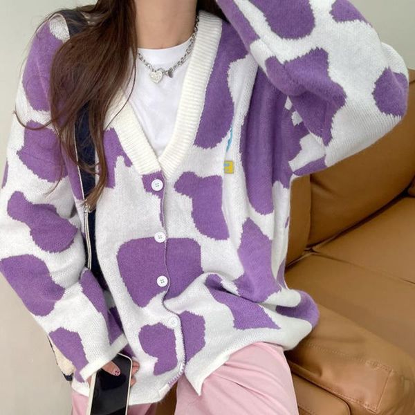 

women's knits & tees vintage elegant print milk pattern sweater women loose casual purple oversized cardigan korean black student pullo, White