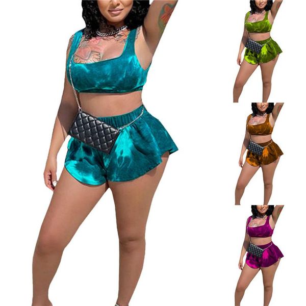 

women's tracksuits summer casual shorts sets women two-piece printed clothes set tie-dyed pattern square collar vest and, Gray