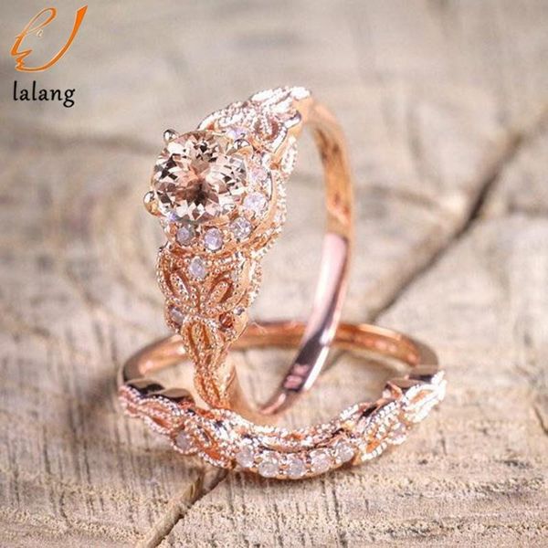 

wedding rings europe and the united states crystal two-piece zircon engagement ring rose gold color micro inlay jewelry, Slivery;golden
