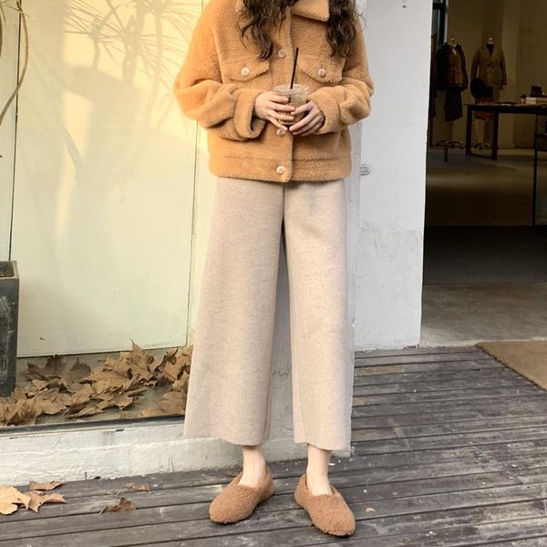 

women's pants & capris knit wide leg female autumn and winter retro high waist loose casual drape straight women, Black;white