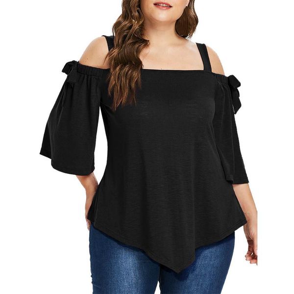 

women plus size blouses summer casual asymmetric cold shoulder blouse bow blouse camisas mujer women blouses polyester clothes, White