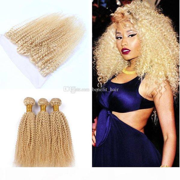 

afro kinky curly blonde 613 human hair weaves with lace frontal 13x4 613 kinky curly lace frontal with blonde hair extension 4pcs lot, Black