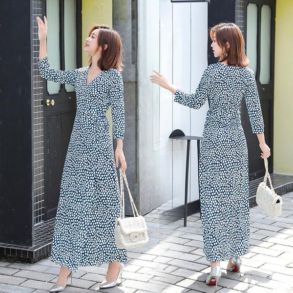 

casual dresses women wrap half sleeve polka dot bohemian beach lace-up slim waist elegant ladies holiday dress ankle-length v-neck, Black;gray