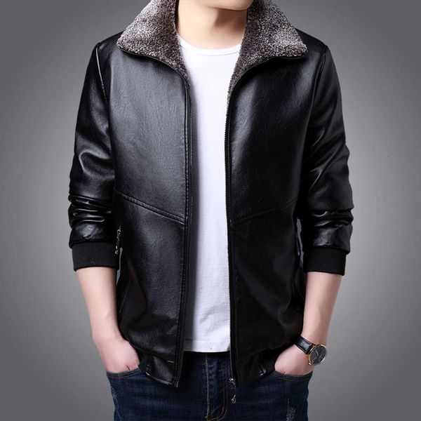 

2020 youth cotton padded with plush and thickened korean short collar winter fur men's pu leather jacket trendwinter, Black;brown