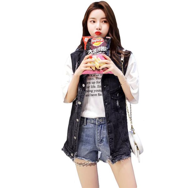 

women's vests rlyaeiz spring denim vest 2021 summer fashion hole single breasted basic sleeveless jeans jackets waistcoat, Black;white