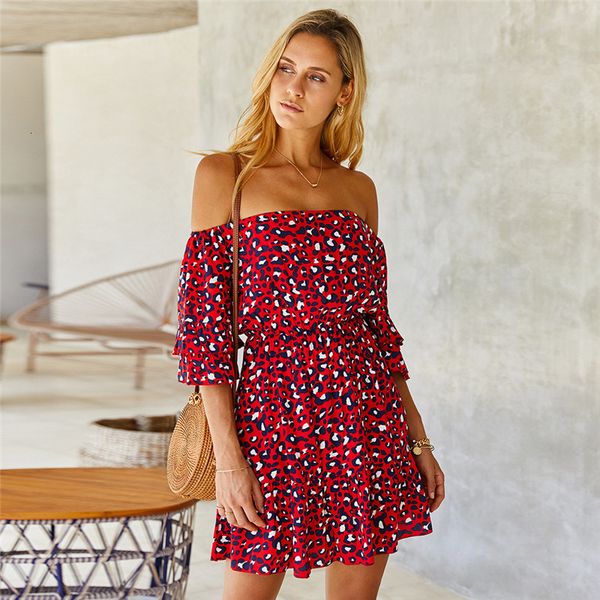 

new 2021 ladies leopard off the shoulder women elegant slash neck spring summer above knee female 42q8, Black;gray