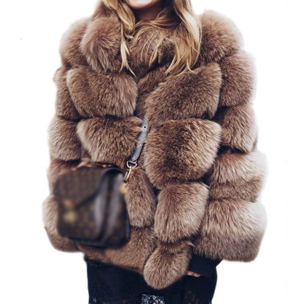 

2021 new winter faux fox coats women plus size thick jacket stand collar casual outwear fake fur warm overcoat female ec9x, Black