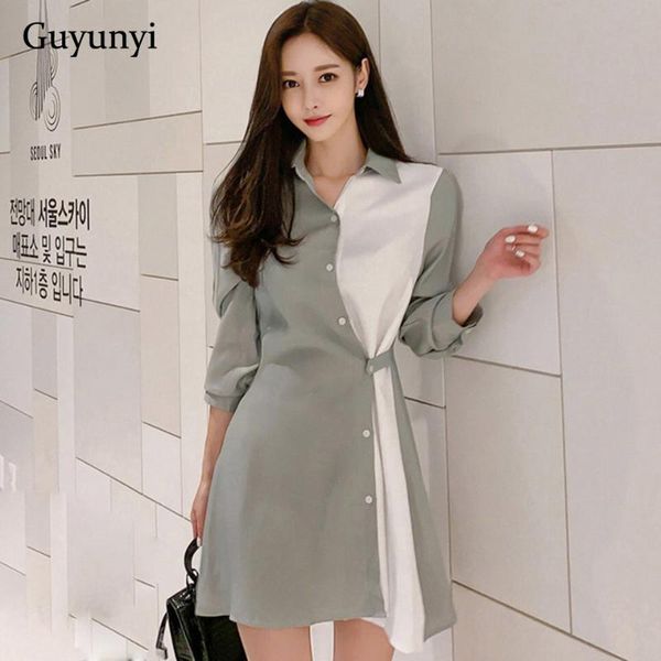 

casual dresses plain stitching high street dress 2021 autumn lapel long sleeve shirt simple fashion elegant party women, Black;gray