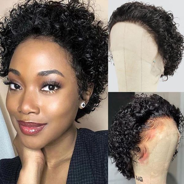 

lace wigs ruijia pixie curl 13x2 short bob brazilian human hair for black women 150%density, Black;brown