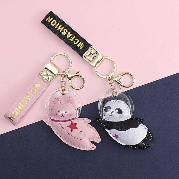 

keychains cute space fashion pu leather kitten shiba inu panda frog astronaut keychain lovely bag pendant gift for kids girls key ring, Silver