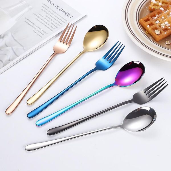 

forks 304 stainless steel spoon titanium plated fork korean creative long handle dessert coffee salad fruit