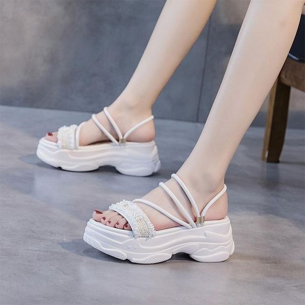 

sandals summer female pearl slippers outdoor casual soft flat thicken platform slides woman narrow brand ladies, Black