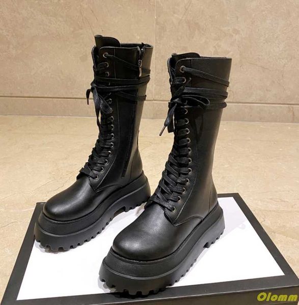 

boots black platform women side zipper lace-up long-boots 2021 autumn fashion mid-calf square toe