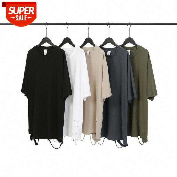

0 grams double yarn plain weave oversize basic short-sleeved hip-hop dark black wind hole distressed #we2s, White;black