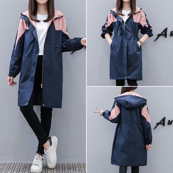

2021 spring autumn overcoat women plus size streetwear new ladies patchwork color trench coat with hood windbreaker dlr5, Tan;black